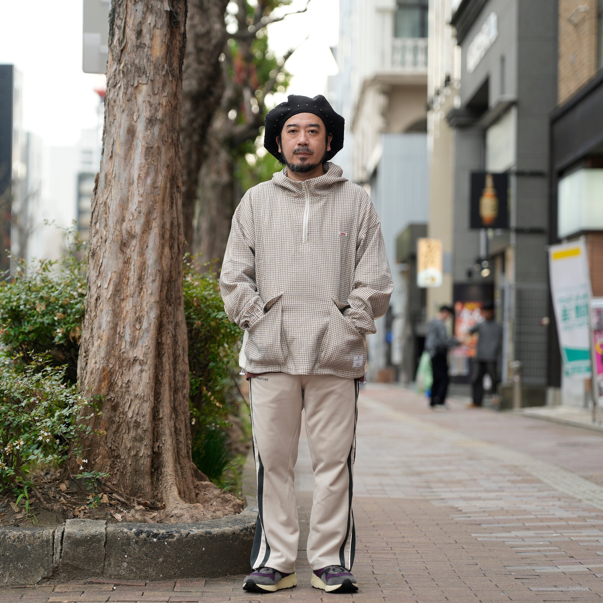 ef404-04 | Check half zip hoodie| Color:Cream【EFFECTEN_エフェクテン】