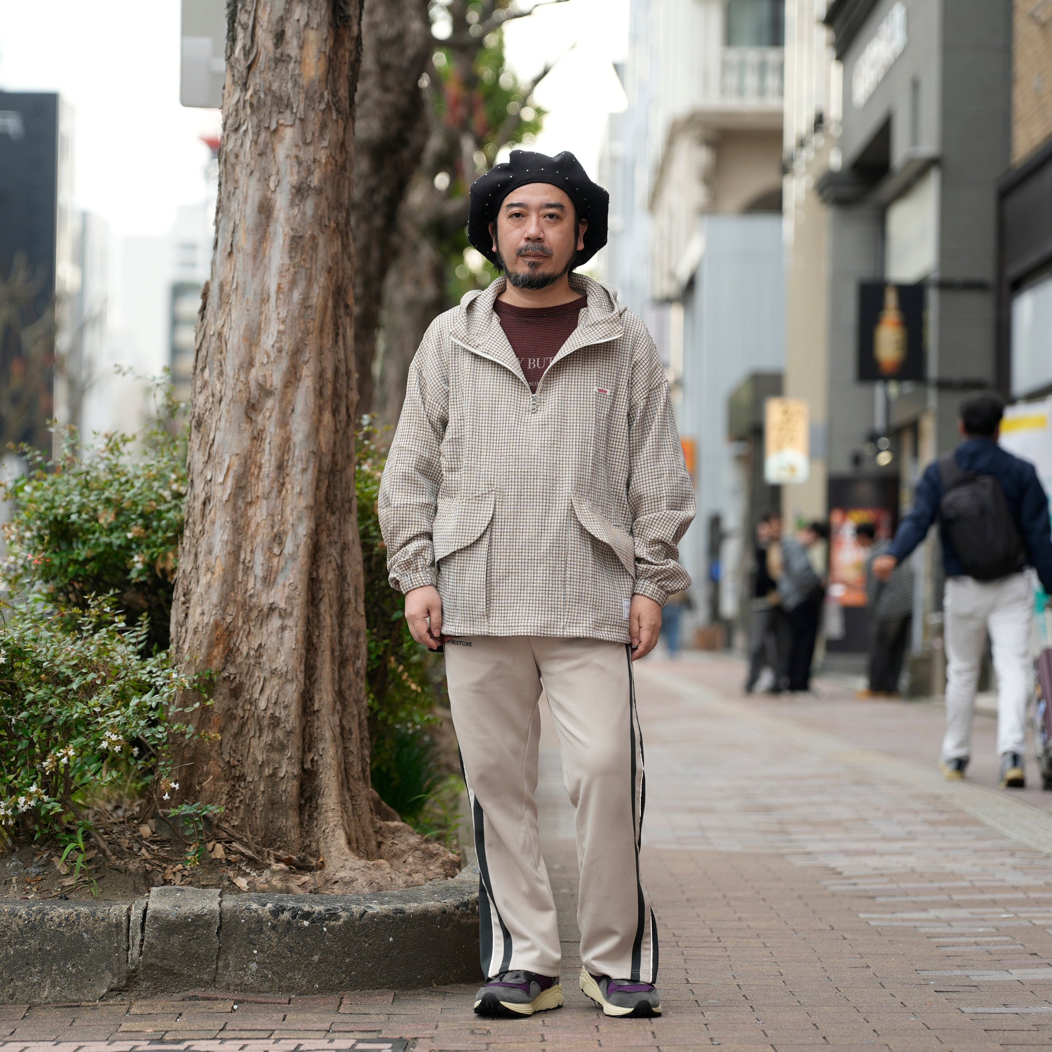 ef404-04 | Check half zip hoodie| Color:Cream【EFFECTEN_エフェクテン】