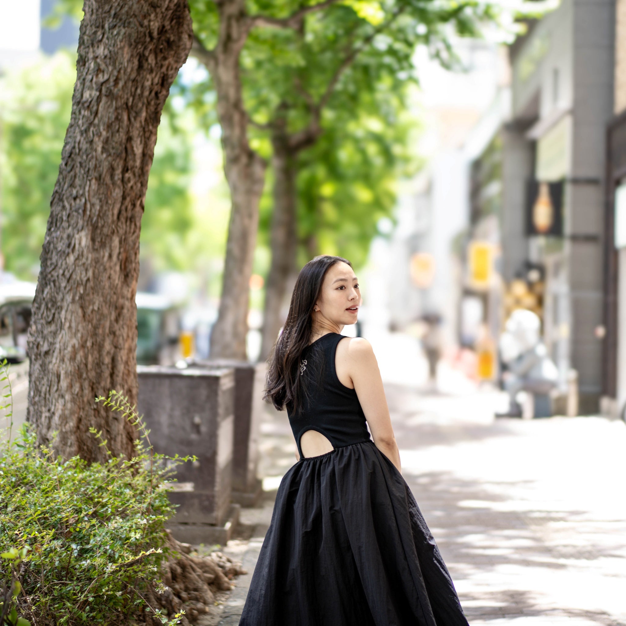 Name:Fit&Flare MATERIAL Dress | Color:Black【AMBERGLEAM_アンバーグリーム】|