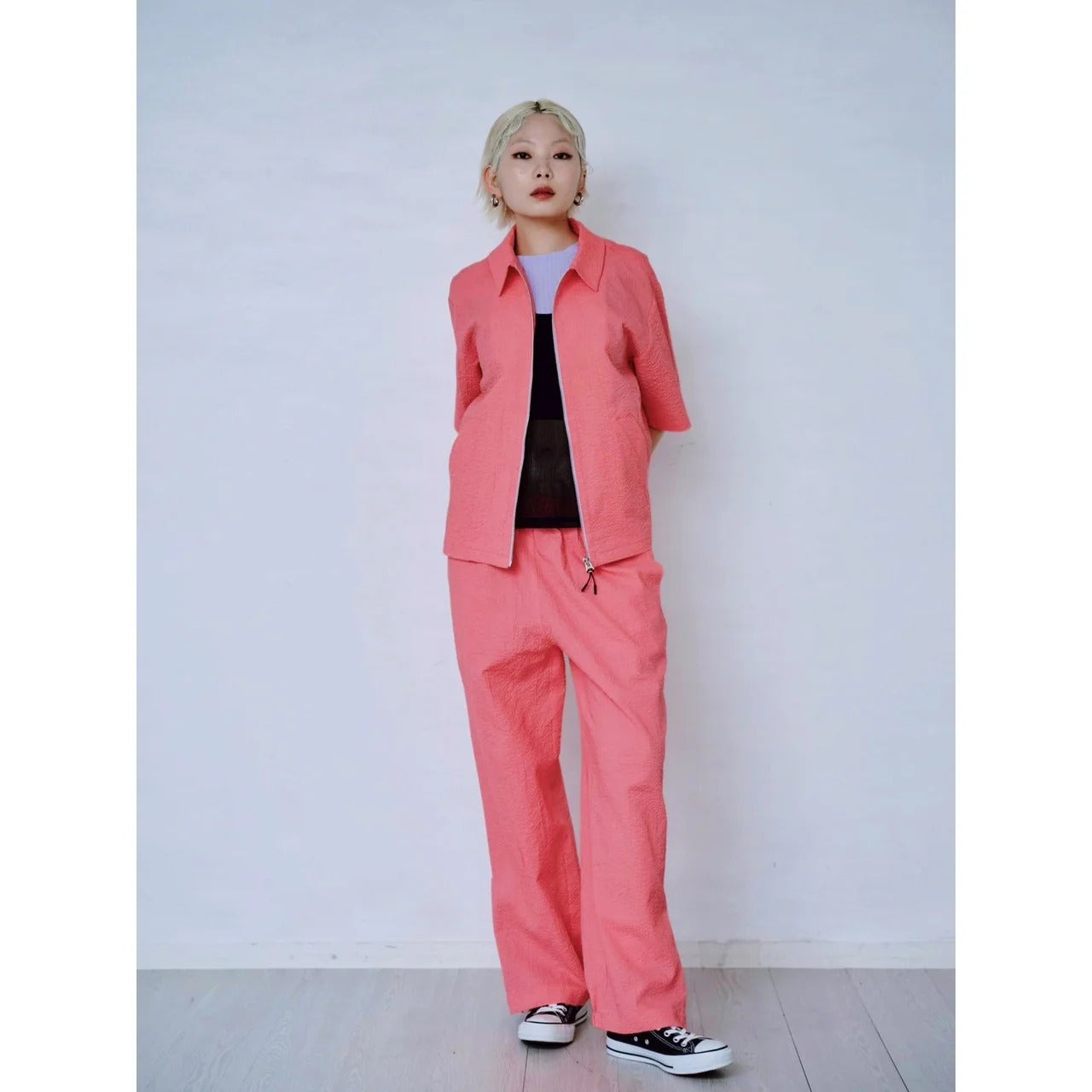 CONTRAST ZIP SEERSUCKER SHIRT – Pink | HCAE