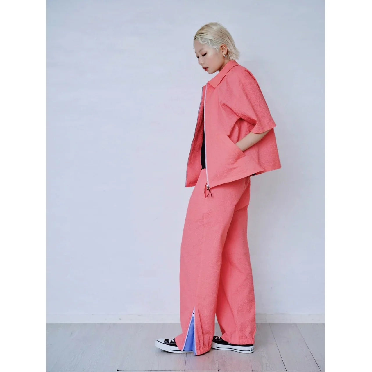 CONTRAST ZIP SEERSUCKER SHIRT – Pink | HCAE