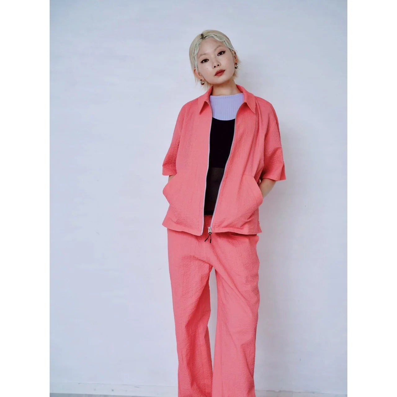 CONTRAST ZIP SEERSUCKER SHIRT – Pink | HCAE