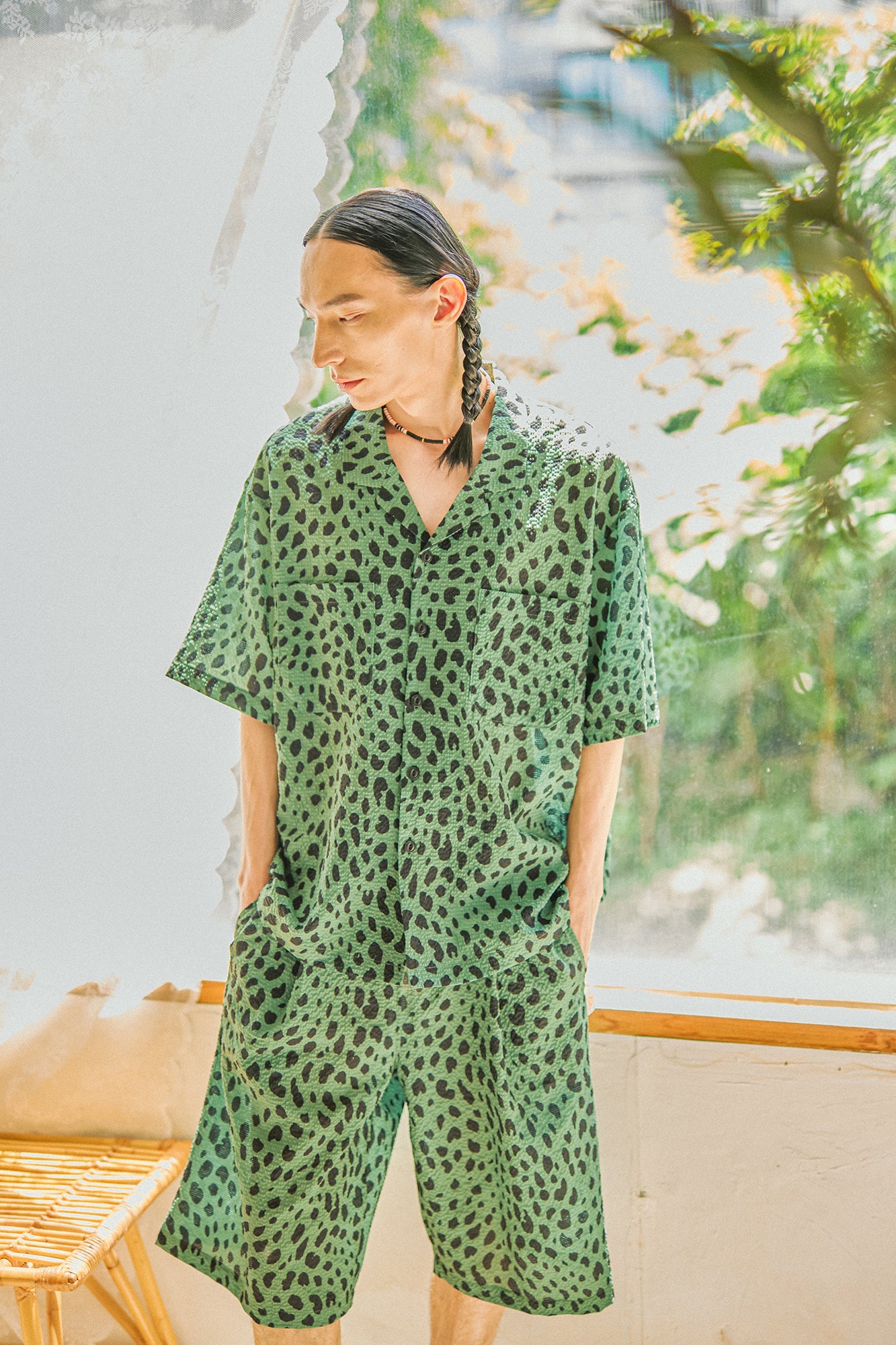 G62302_GN | LEOPARD LONG WIDE SUMMER SHORTS-GN | COlor:Green【GORT_ゴート】