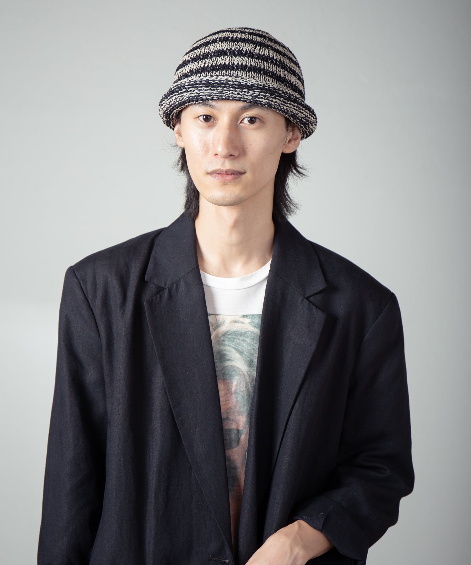 IA-25-113_Black×Beige | Border Roll Knit Cap | Color:Black×Beige【INDIETRO ASSOCIATION_インディエトロアソシエーション】【入荷予定アイテム・入荷連絡可能】