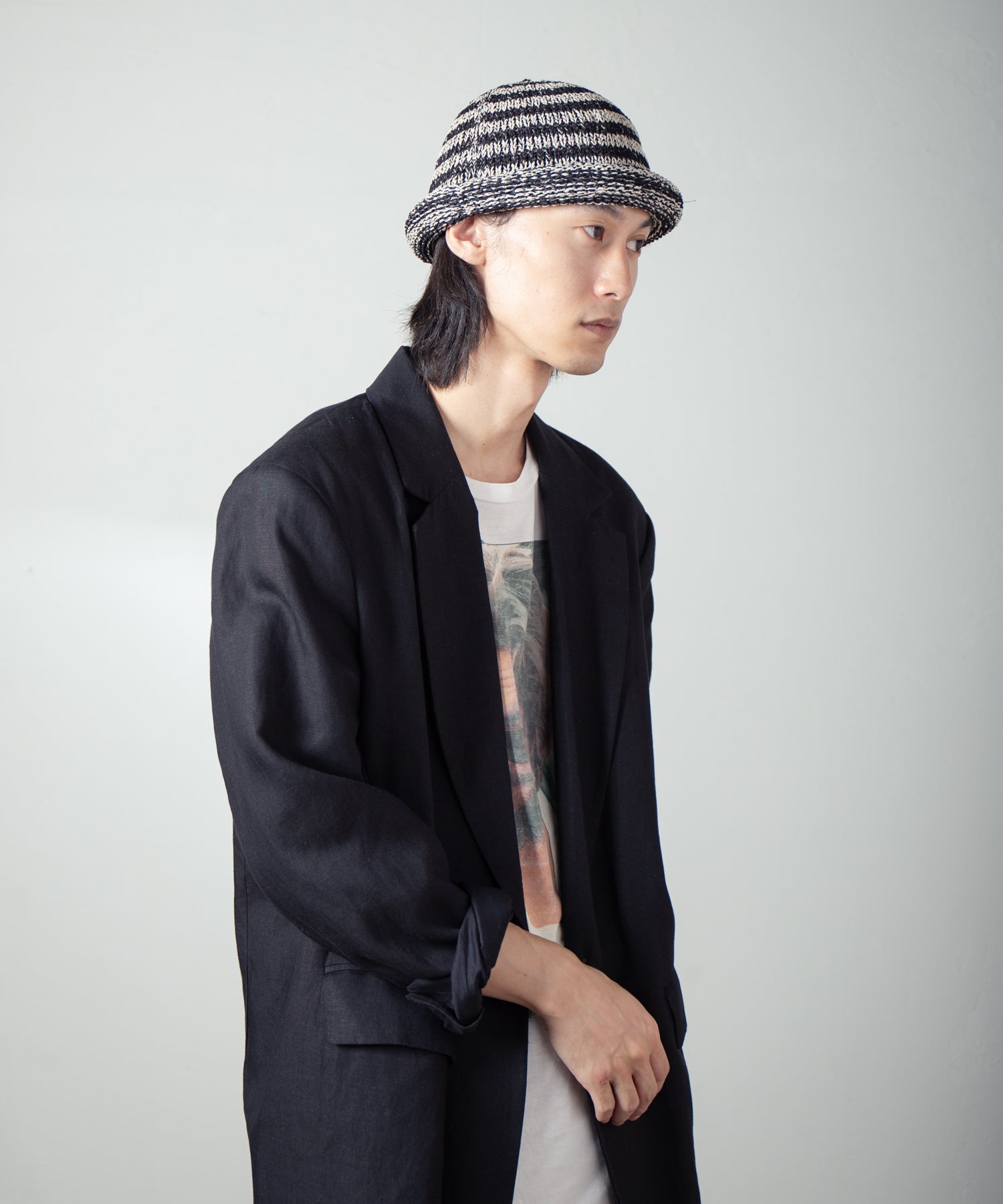 IA-25-113_Black×Beige | Border Roll Knit Cap | Color:Black×Beige【INDIETRO ASSOCIATION_インディエトロアソシエーション】【入荷予定アイテム・入荷連絡可能】