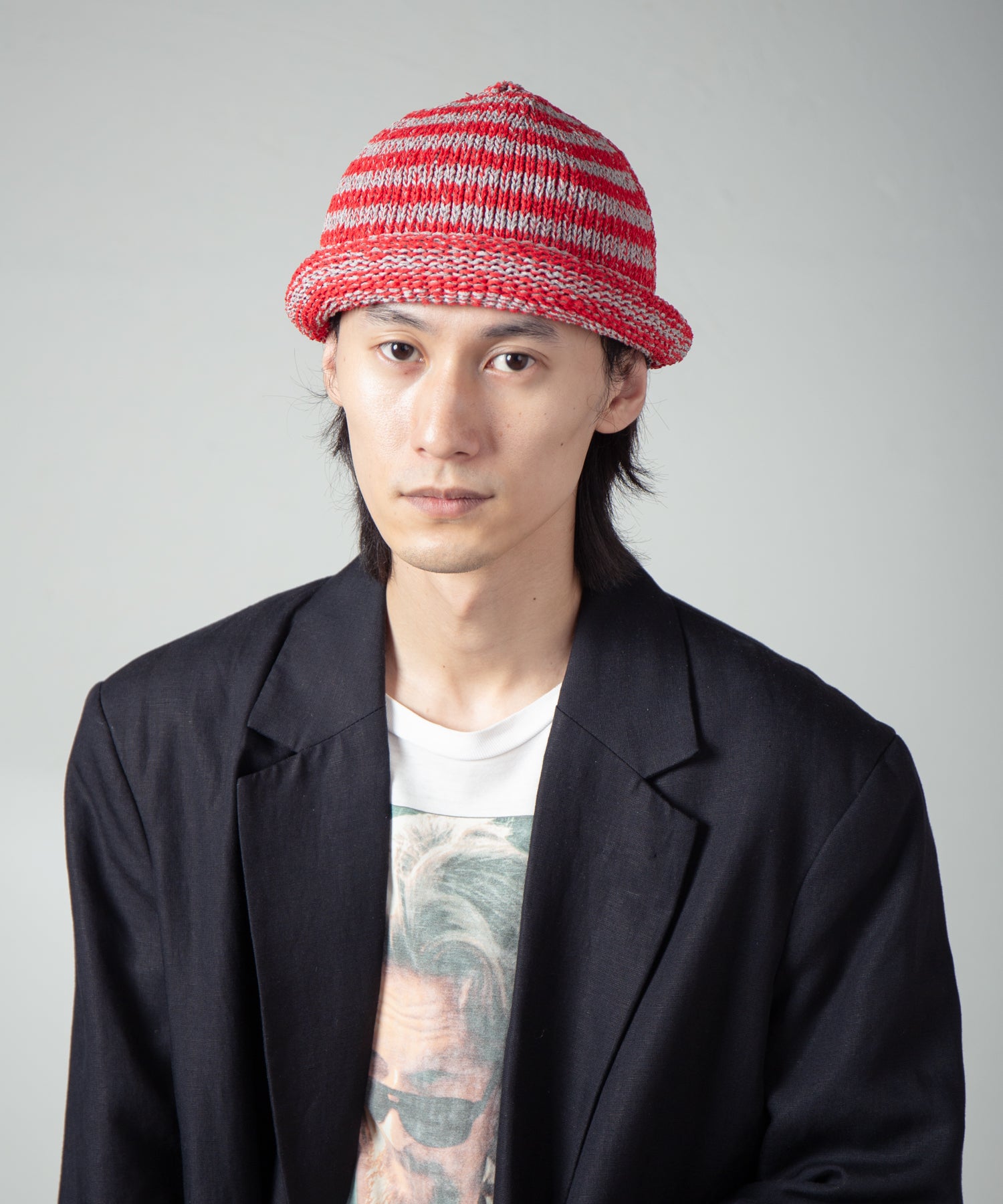 IA-25-113_Gray×Red | Border Roll Knit Cap | Color:Gray×Red【INDIETRO ASSOCIATION_インディエトロアソシエーション】【入荷予定アイテム・入荷連絡可能】