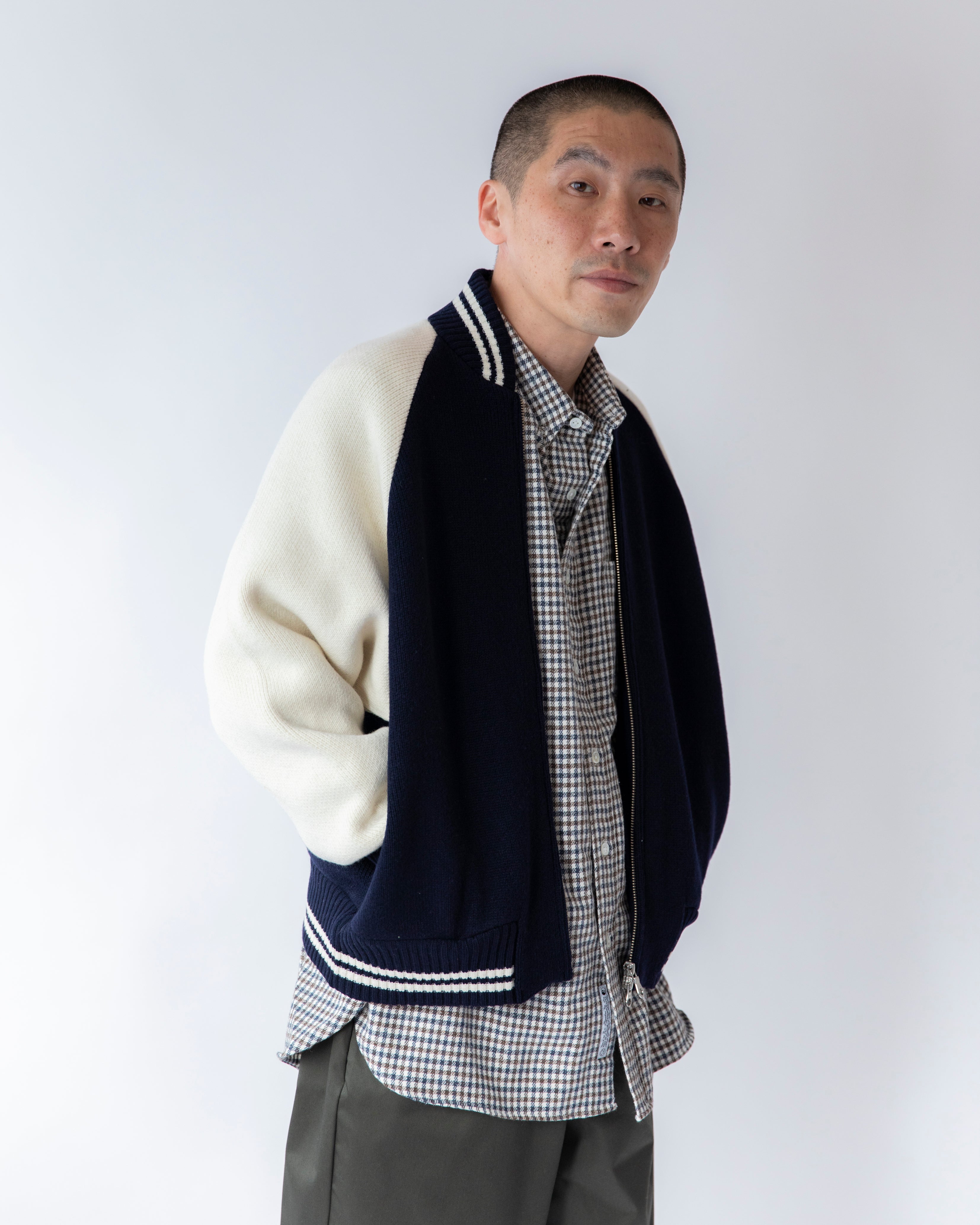 Name: KNITED  VARCITY JACKET | Color:BORDEAUX/NAVY | Size:M/L 【CITYLIGHTS PRODUCTS_シティライツプロダクツ】
