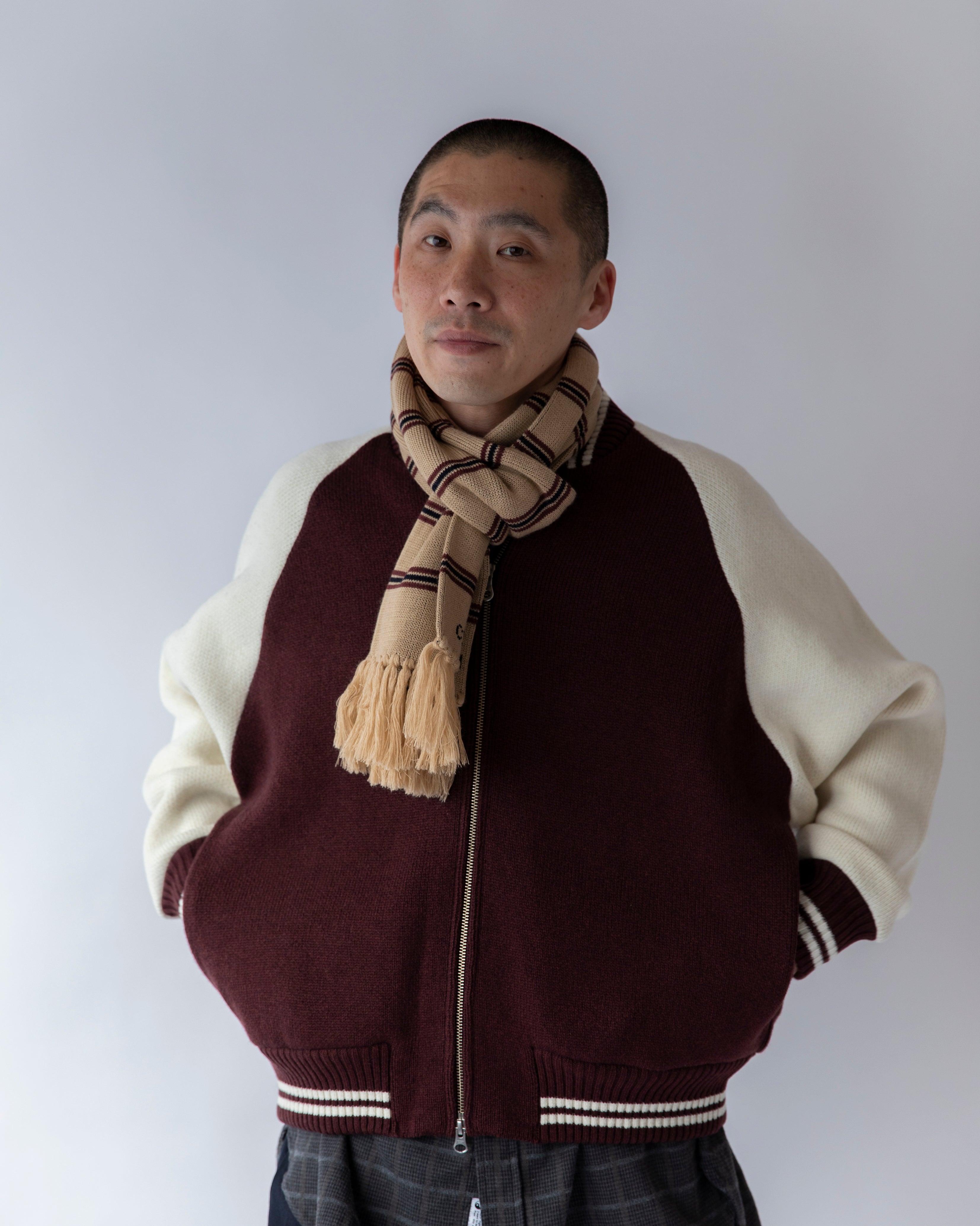 Name: KNITED  VARCITY JACKET | Color:BORDEAUX/NAVY | Size:M/L 【CITYLIGHTS PRODUCTS_シティライツプロダクツ】
