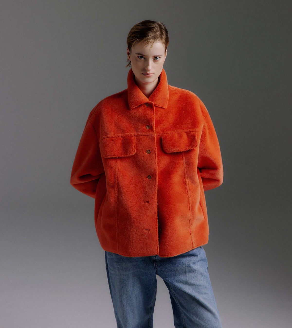HUSH Lightweight Faux Fur Shirt Jacket– Coral Red | MOLLIOLLI