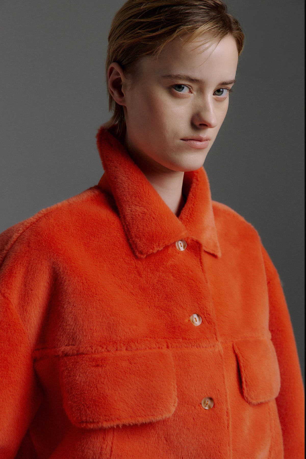 HUSH Lightweight Faux Fur Shirt Jacket– Coral Red | MOLLIOLLI