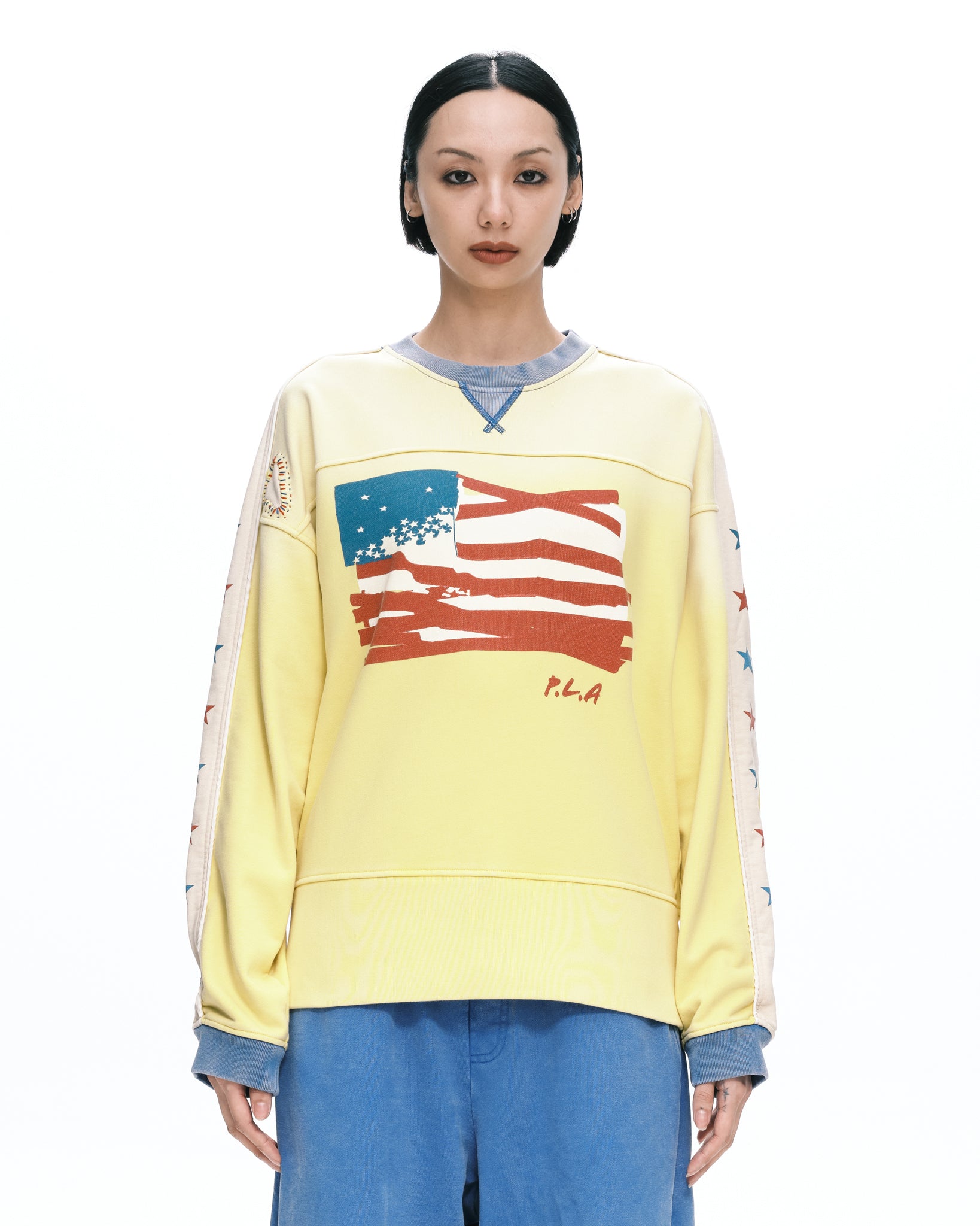 Star crew neck | Color_Yellow | No_pla25awt09-1_yellow【PLATEAU STUDIO_プラトー スタジオ】【入荷予定アイテム・入荷連絡可能】