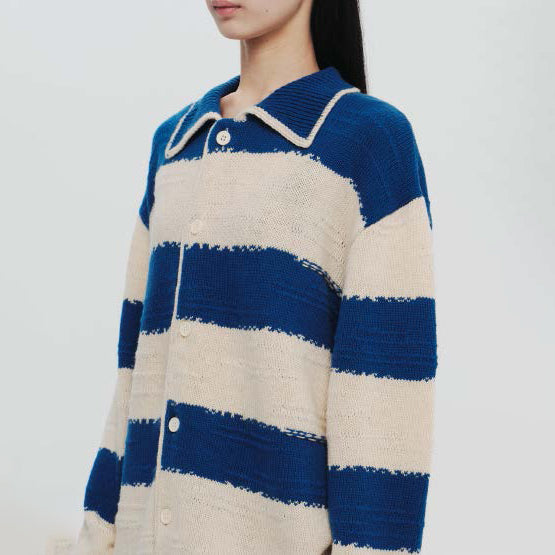 Pla24awkt05-1_Blue/Beige | L/s knit stripe shirt | Color:Blue/Beige【PLATEAU STUDIO_プラトー スタジオ】【入荷予定アイテム・入荷連絡可能】