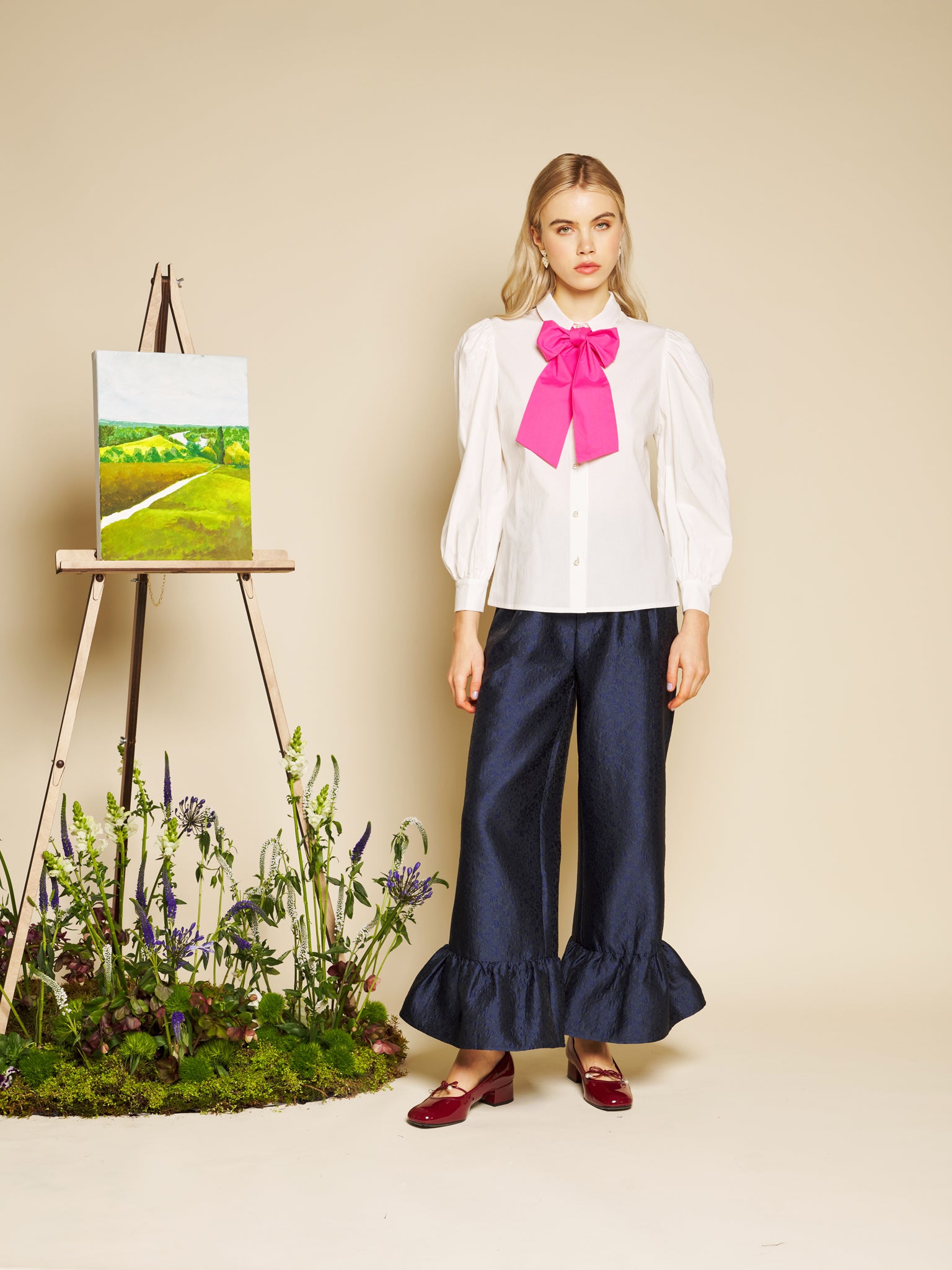 Orchid Jacquard Ruffle Trousers – Navy | SISTER JANE