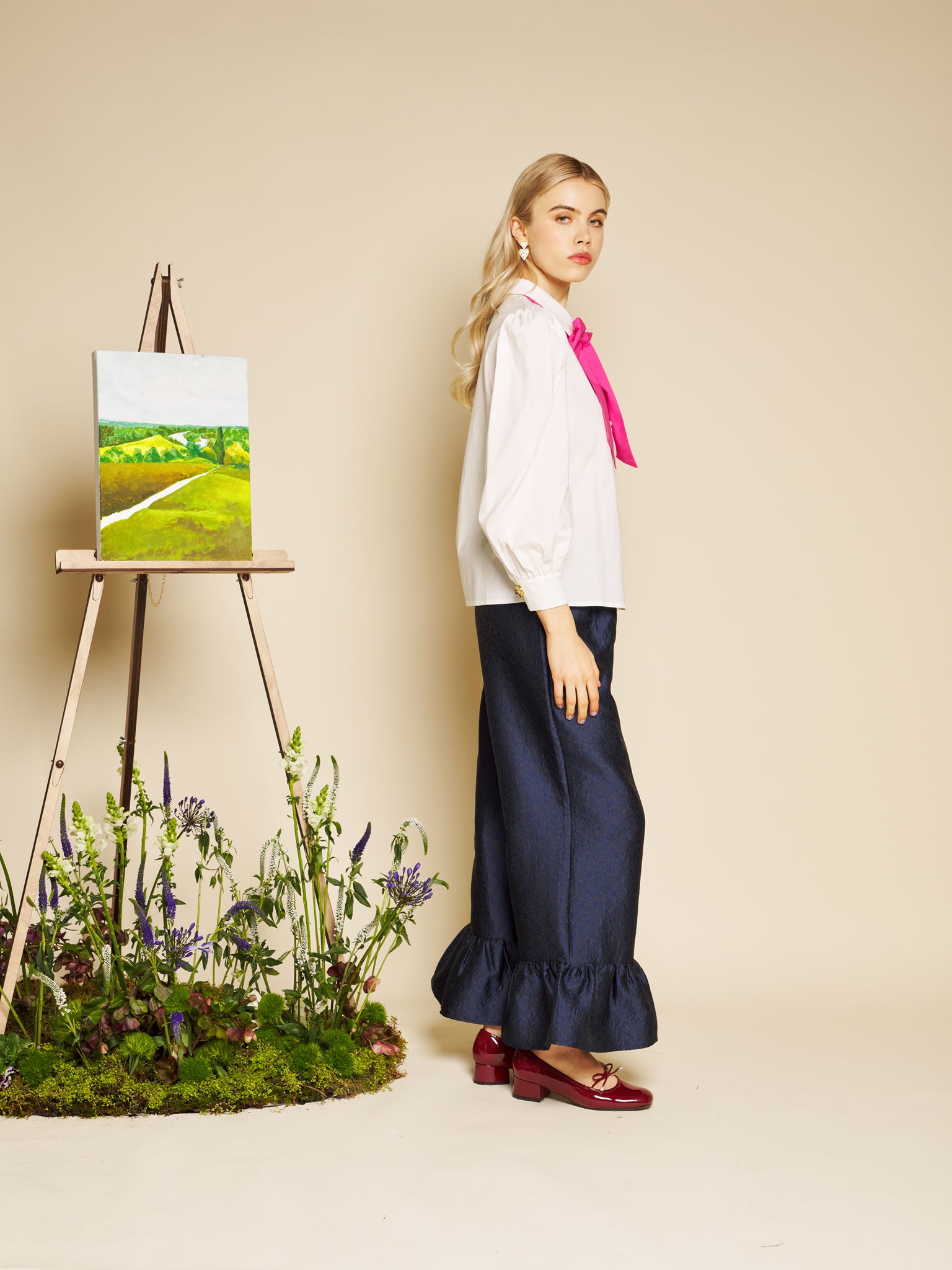 Orchid Jacquard Ruffle Trousers – Navy | SISTER JANE