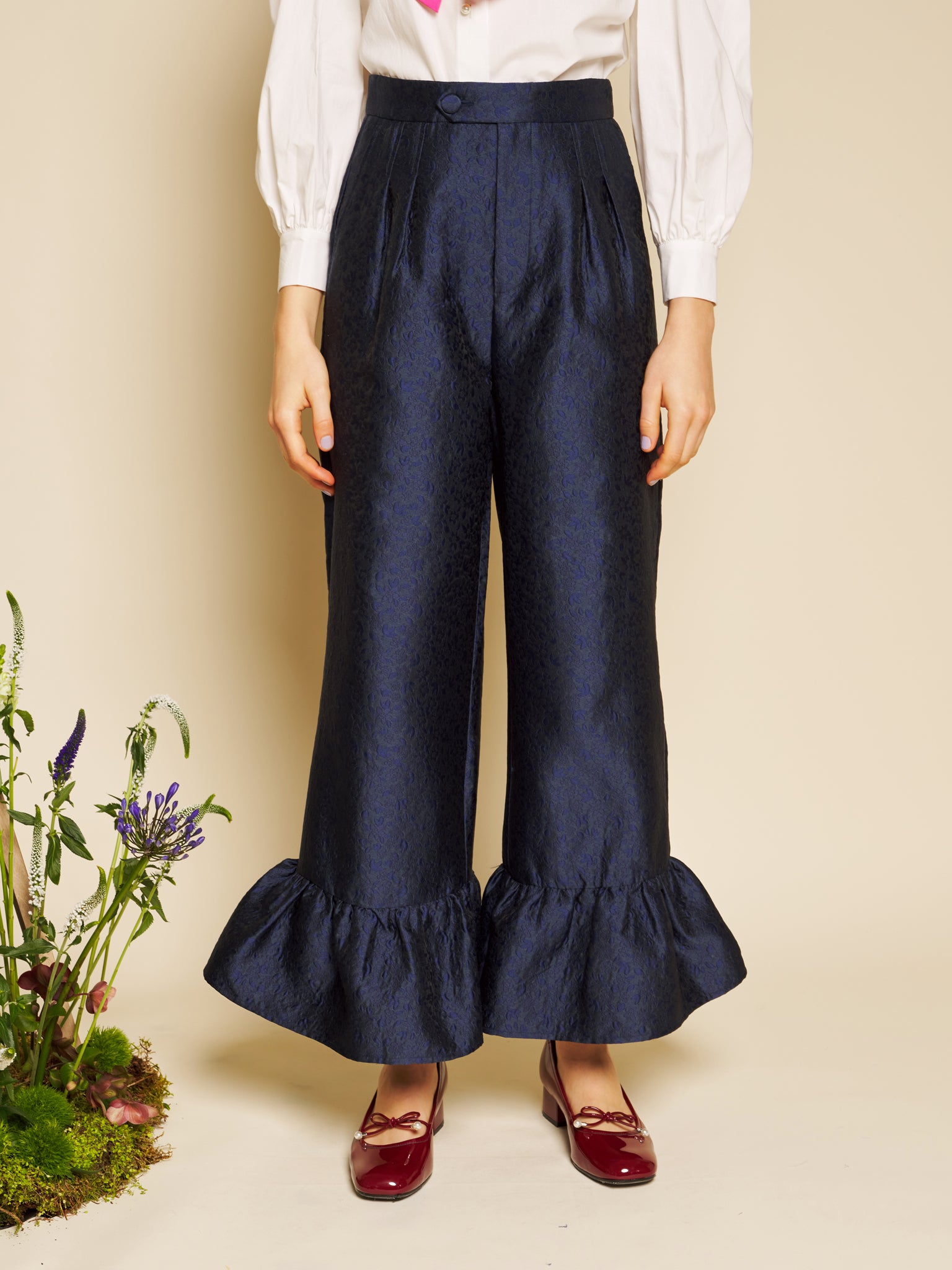 Orchid Jacquard Ruffle Trousers – Navy | SISTER JANE