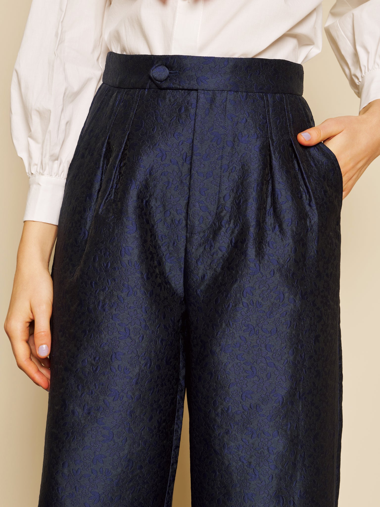 Orchid Jacquard Ruffle Trousers – Navy | SISTER JANE