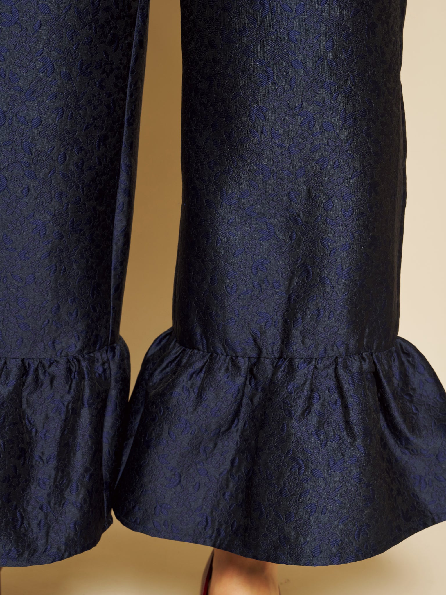 Orchid Jacquard Ruffle Trousers – Navy | SISTER JANE