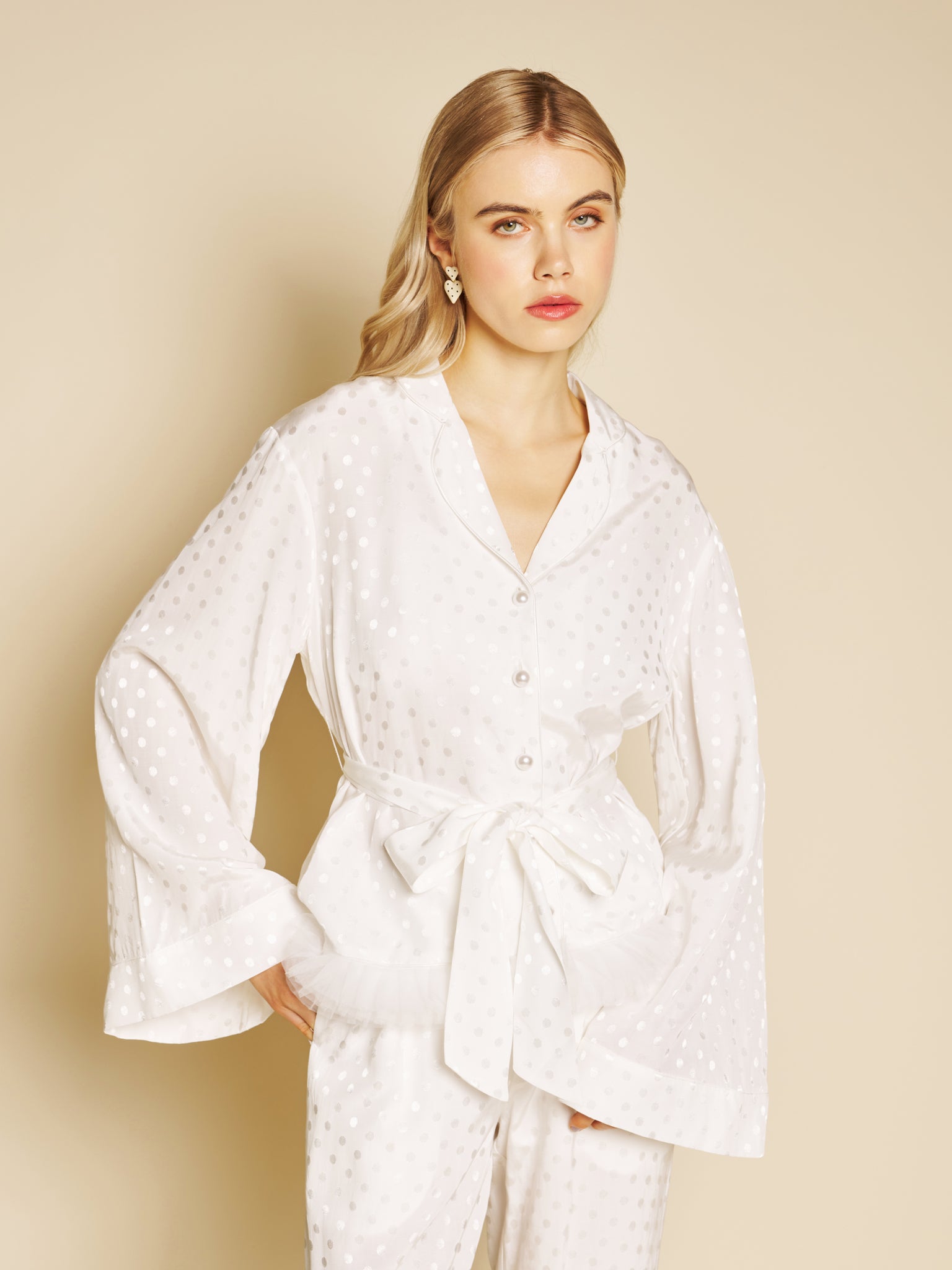 Perle Spot Belted Blouse – White | SISTER JANE