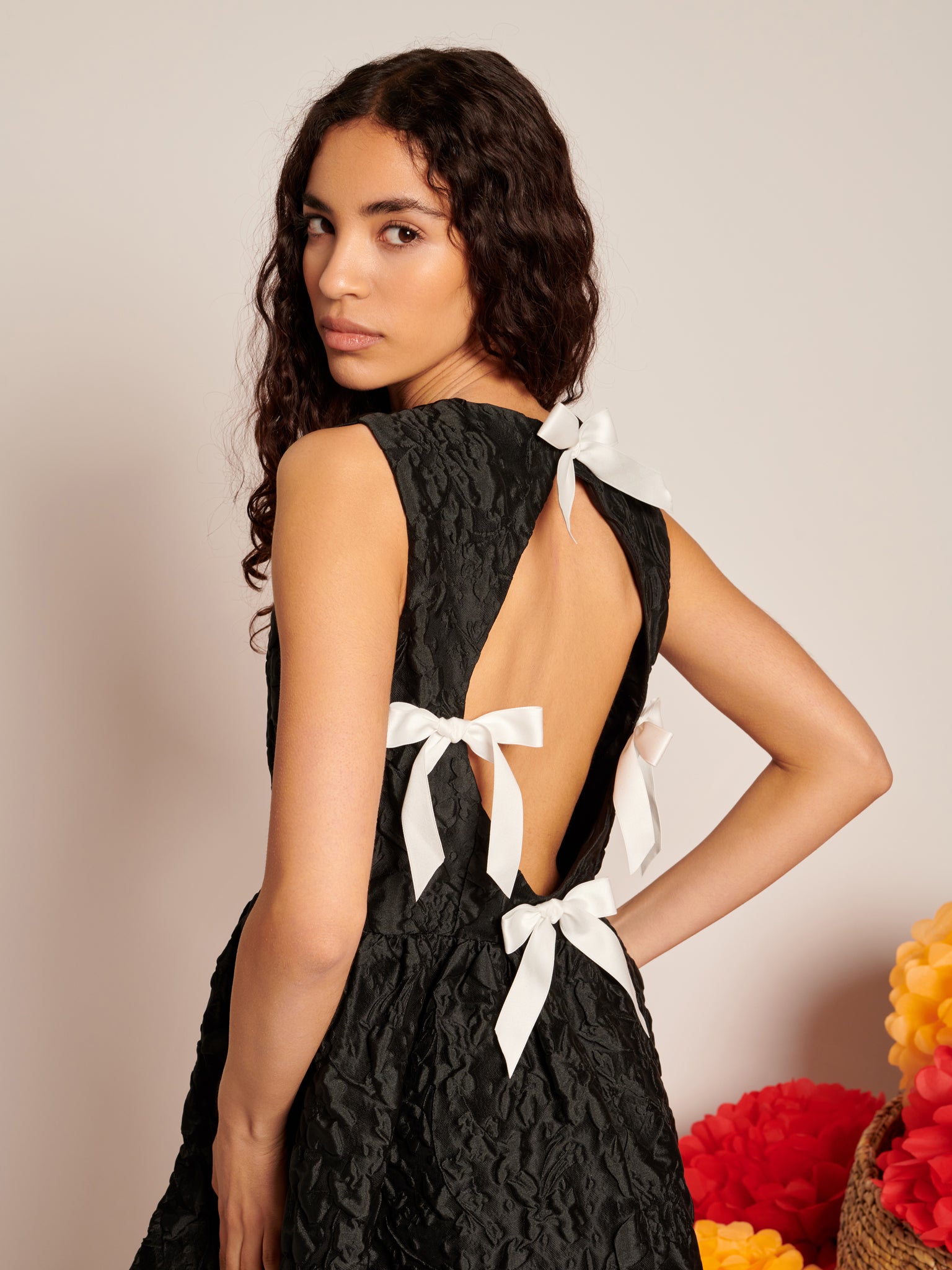 Lucia Jacquard Open Back Mini Dress | Color_Black | No_32SJ00DR2309BLK