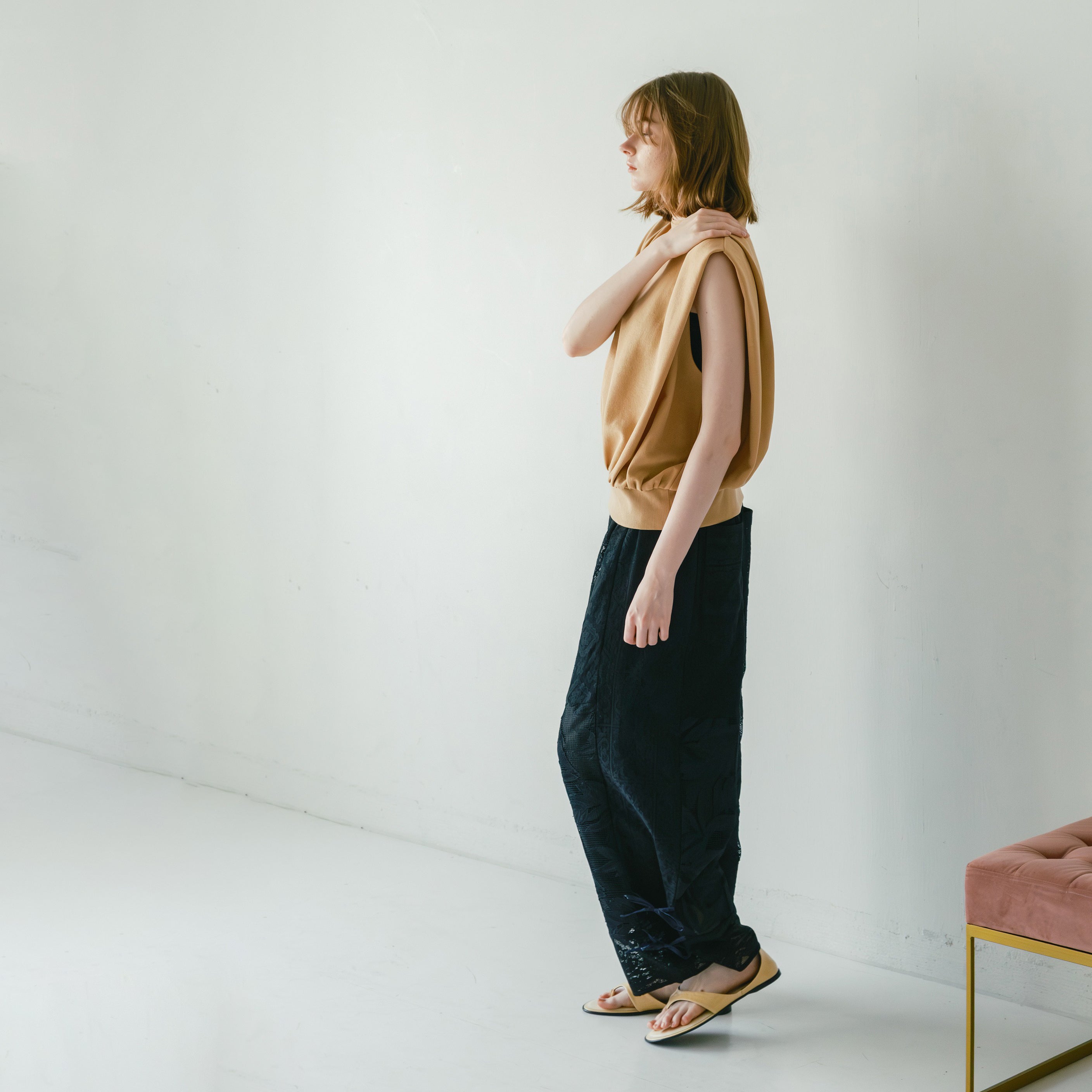 lace combination pants | Color_Black | No_WHT26HPT4063_Black【WHYTO_ホワイト】【入荷予定アイテム・入荷連絡可能】