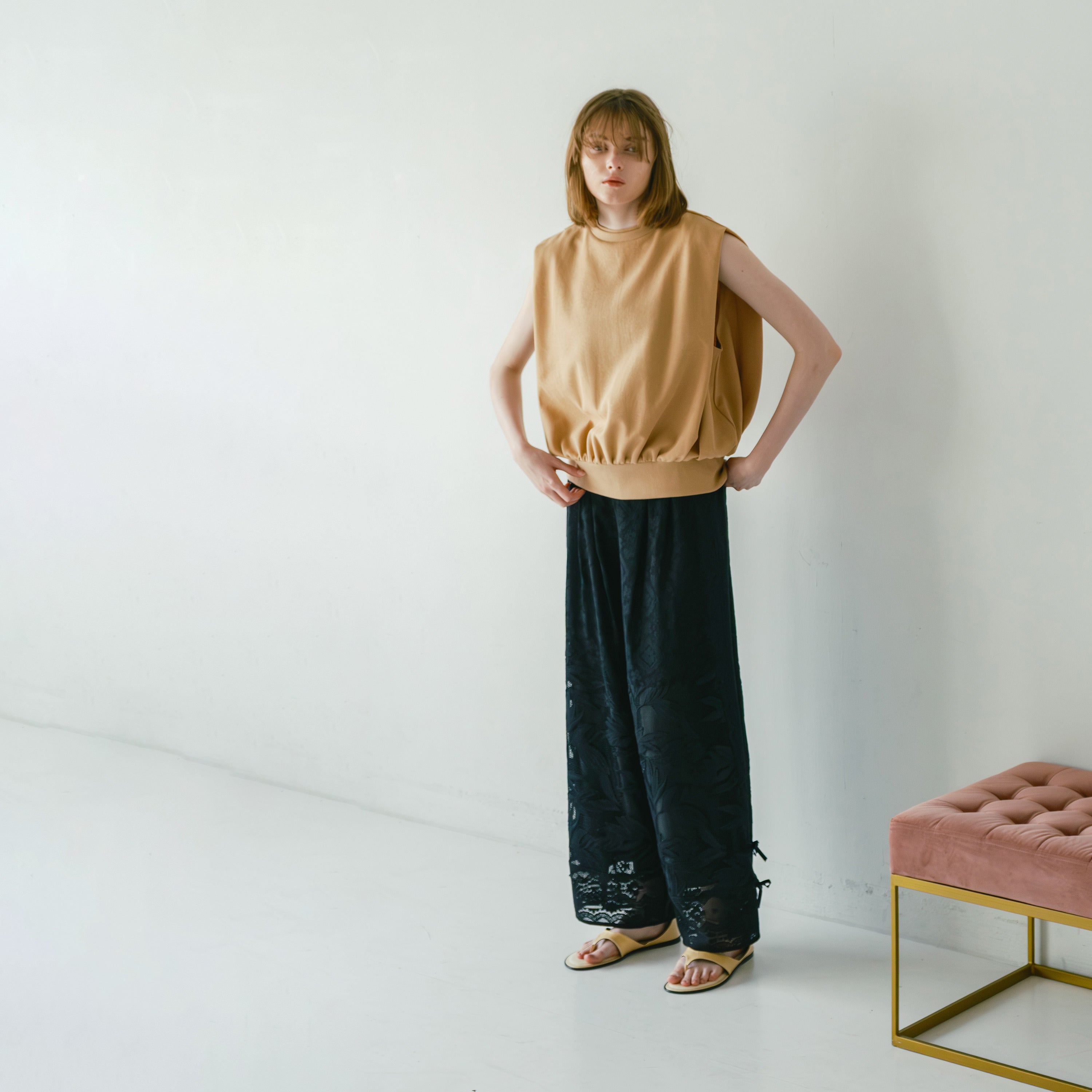 lace combination pants | Color_Black | No_WHT26HPT4063_Black【WHYTO_ホワイト】【入荷予定アイテム・入荷連絡可能】