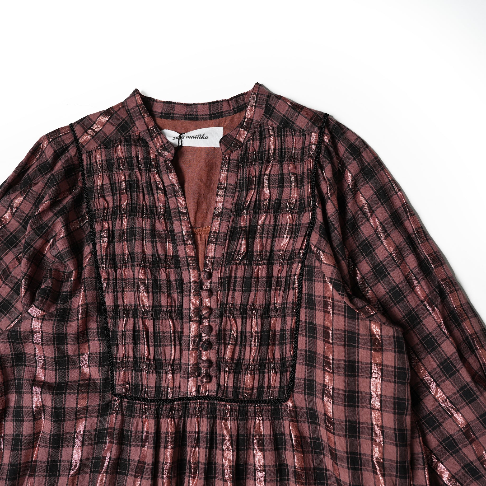 No:020432SF2 | Name:COTTON CHECK SHIRRING LONG DRESS |  Color:Brown【SARAMALLIKA_サラマリカ】