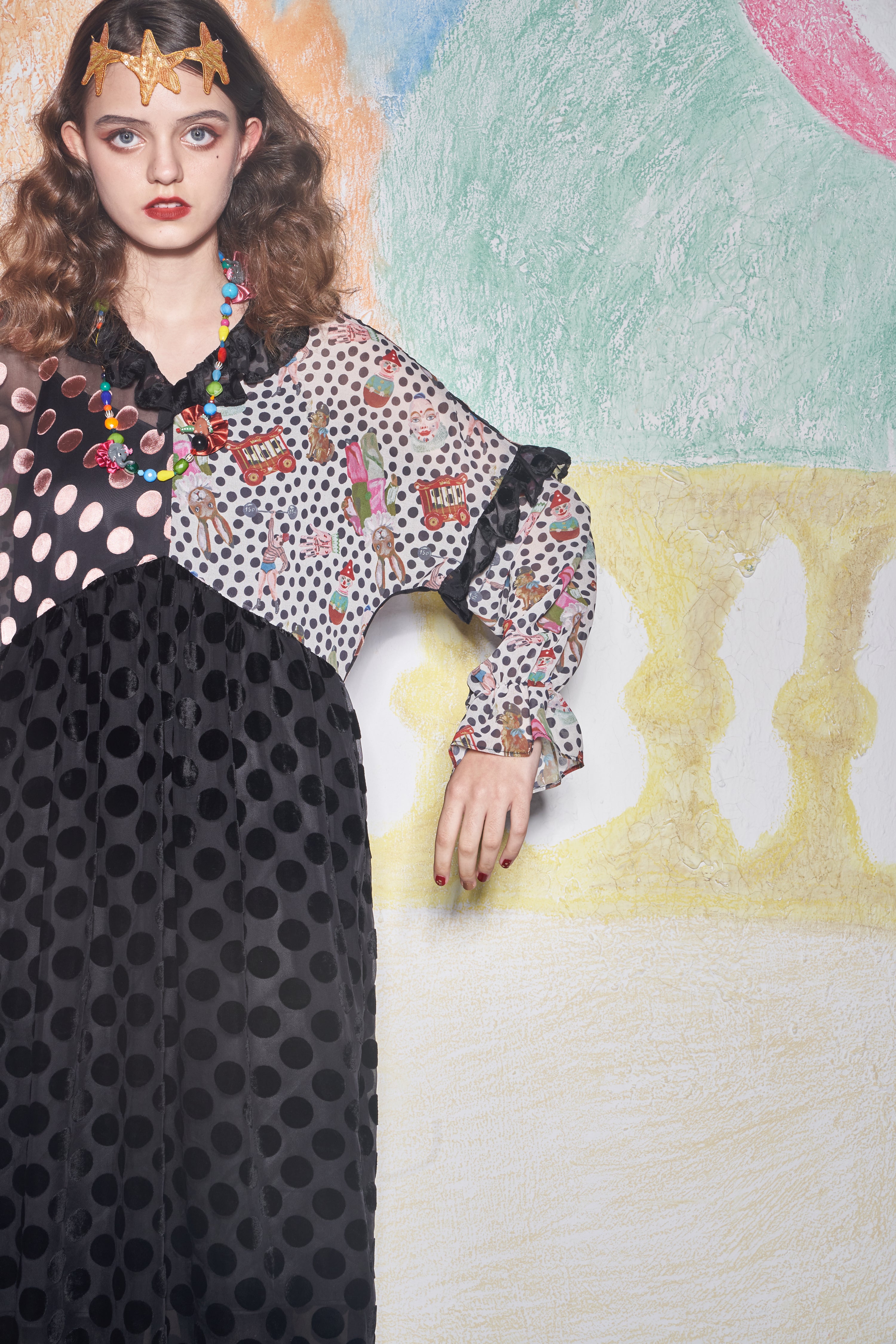 No:UP2020AW1119 | Name:Retro Ruff Collar Stitching polka Dot Illustration print Dress | Color:Black Multi | 【UNLOGOCAL POEM】-UNLOGICAL POEM-ADDICTION FUKUOKA