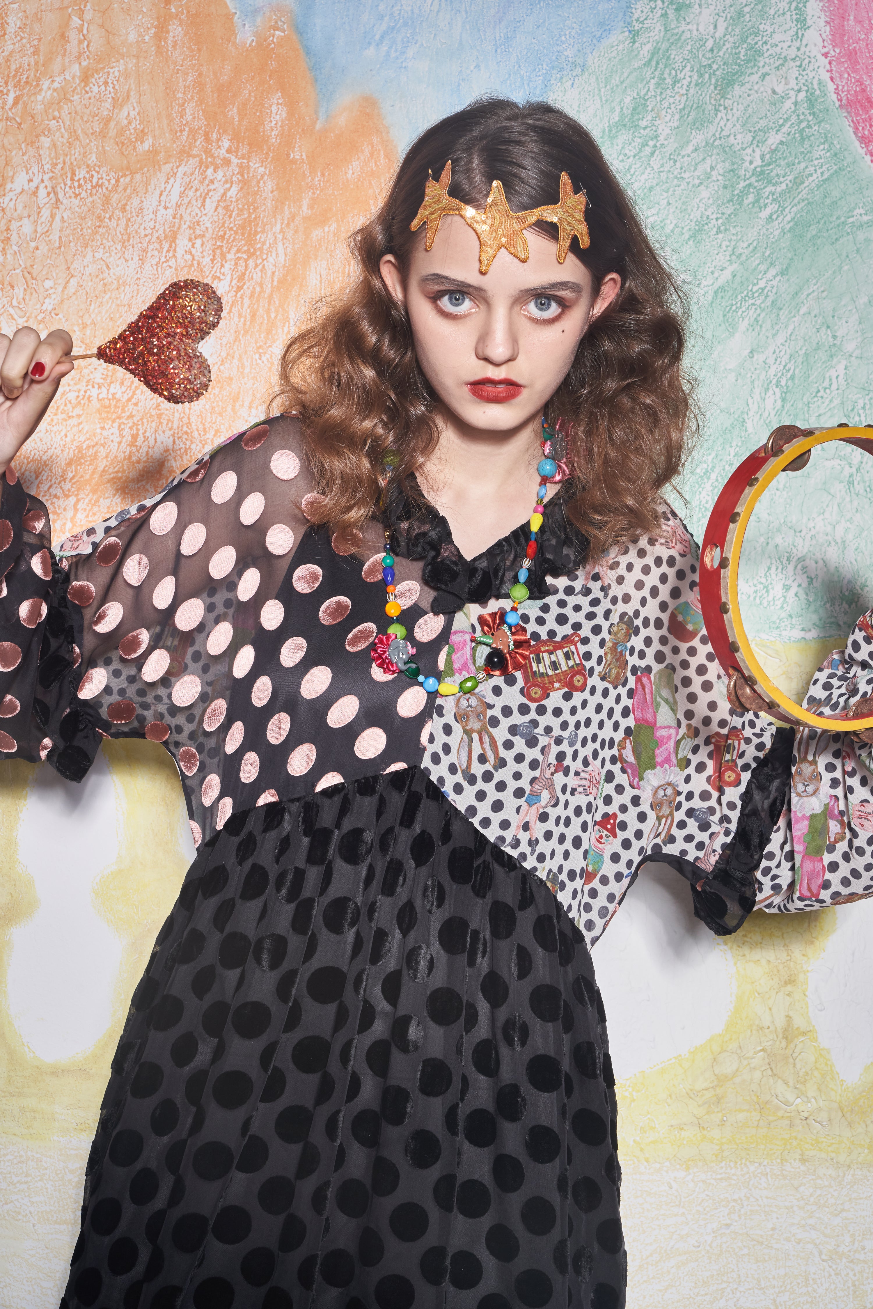 No:UP2020AW1119 | Name:Retro Ruff Collar Stitching polka Dot Illustration print Dress | Color:Black Multi | 【UNLOGOCAL POEM】-UNLOGICAL POEM-ADDICTION FUKUOKA
