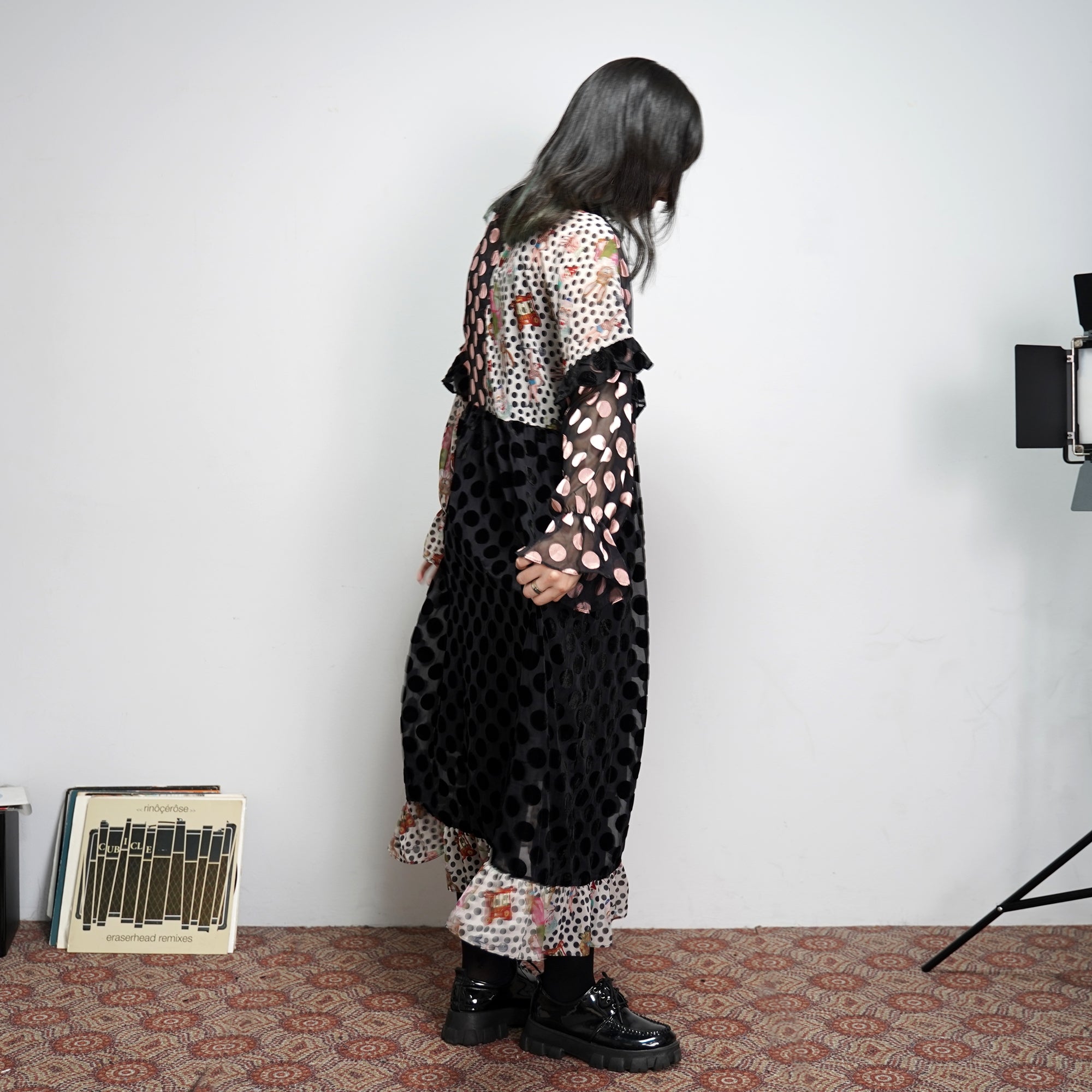 No:UP2020AW1119 | Name:Retro Ruff Collar Stitching polka Dot Illustration print Dress | Color:Black Multi | 【UNLOGOCAL POEM】-UNLOGICAL POEM-ADDICTION FUKUOKA